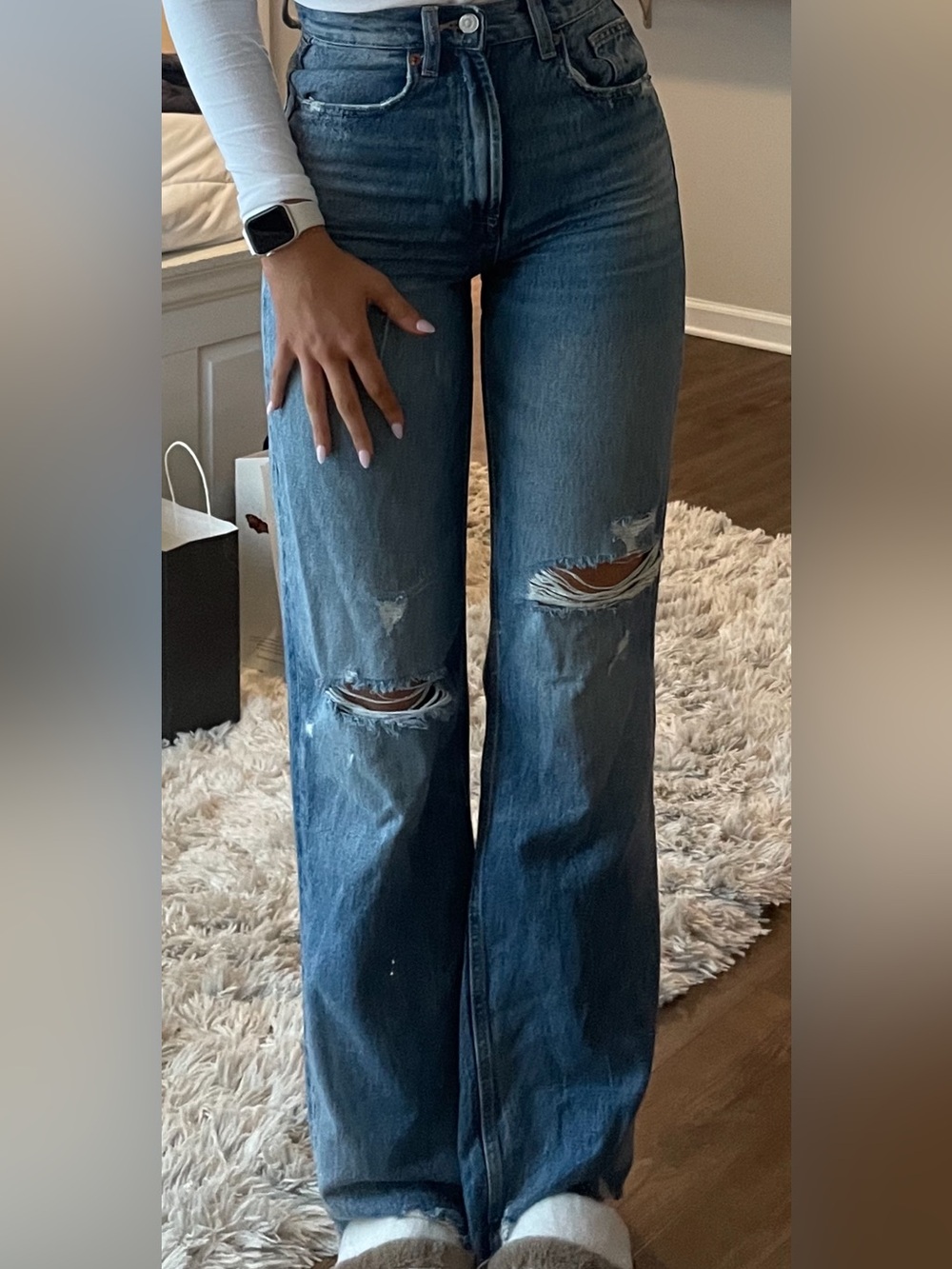 Zara High Rise Distressed Wide-Leg Jeans — Dark Blue